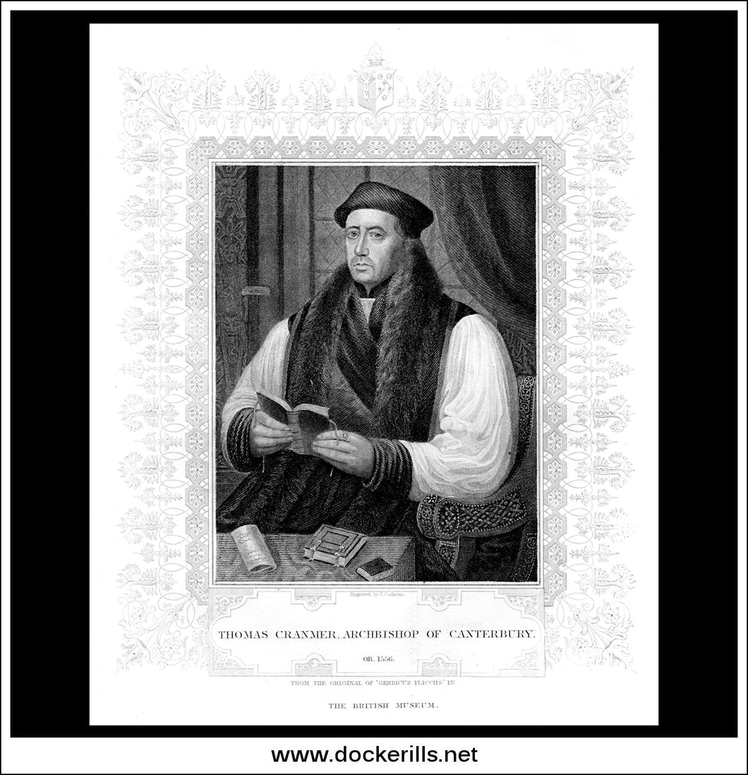 Thomas Cranmer, Archbishop Of Canterbury. Antique Print, Steel Engraving c. 1850.