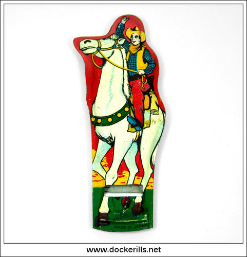 Vintage Tin Whistle, Cowboy On Horse, Red. Vintage Novelty Tin Plate Toy. Japan.