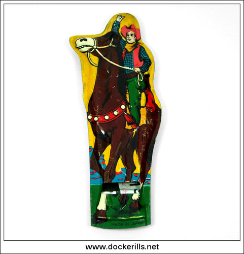Vintage Tin Whistle, Cowboy On Horse, Yellow. Vintage Novelty Tin Plate Toy. Japan.