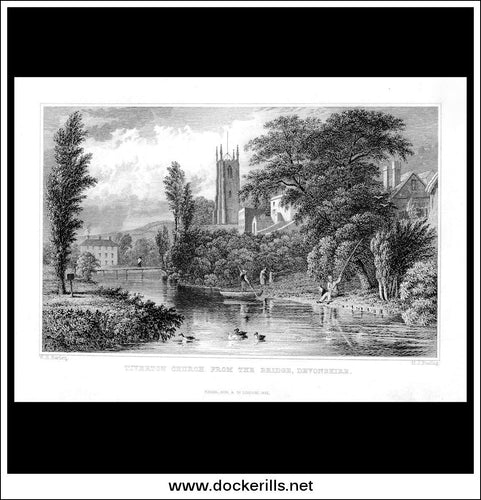 Tiverton Church, From The Bridge, Devonshire, England. Antique Print, Steel Engraving 1832.