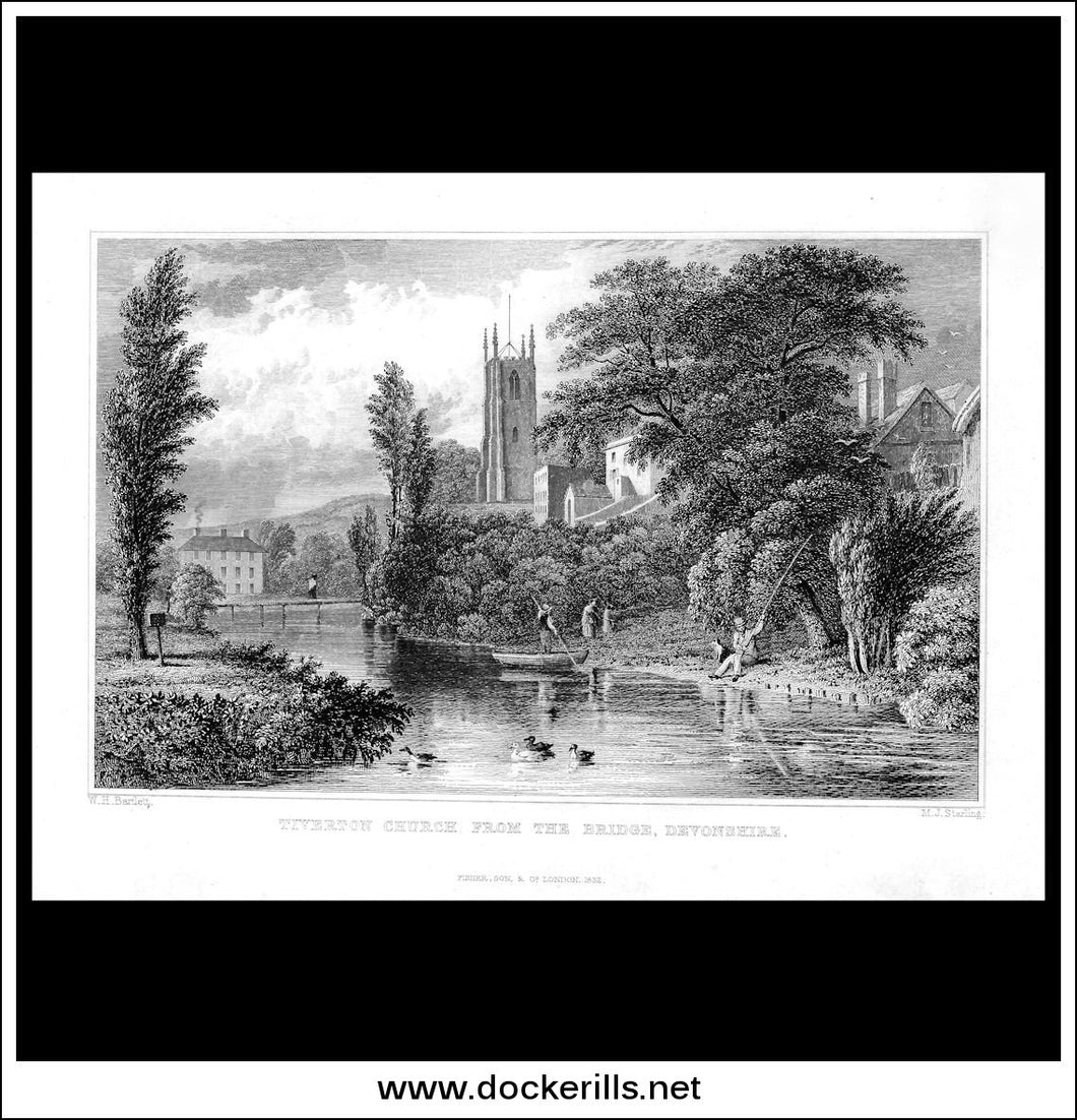 Tiverton Church, From The Bridge, Devonshire, England. Antique Print, Steel Engraving 1832.