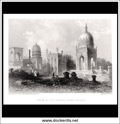 Tombs Of The Bereed Kings, Beeder, India. Antique Print, Steel Engraving 1840.