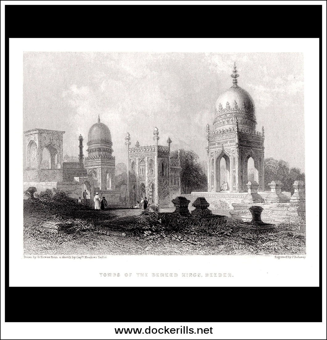 Tombs Of The Bereed Kings, Beeder, India. Antique Print, Steel Engraving 1840.