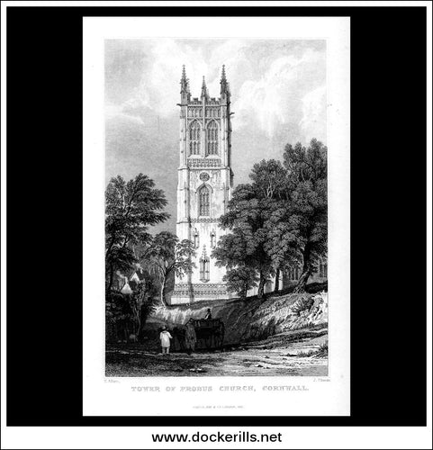 Tower Of Probus Church, Cornwall, England. Antique Print, Steel Engraving c. 1830.