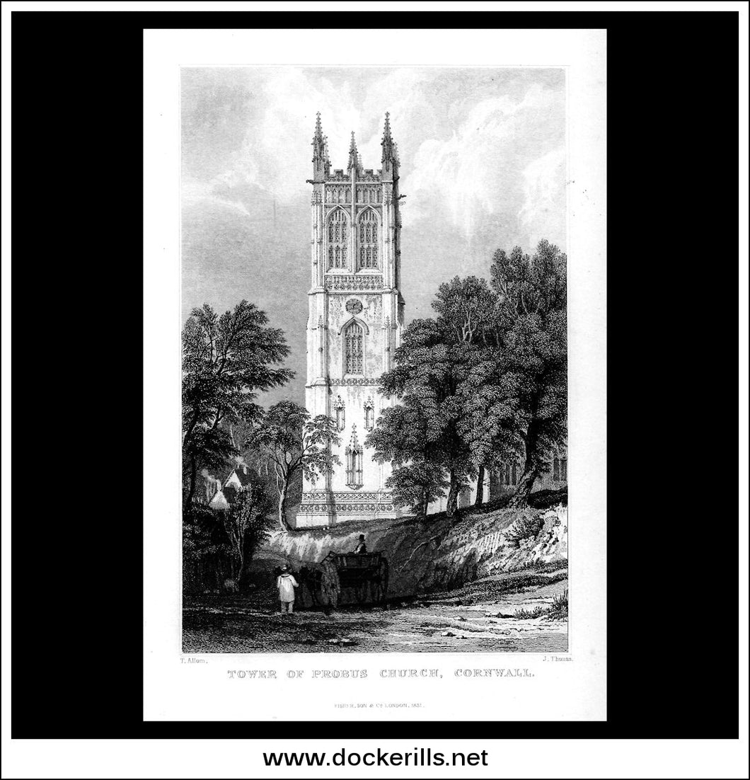 Tower Of Probus Church, Cornwall, England. Antique Print, Steel Engraving c. 1830.