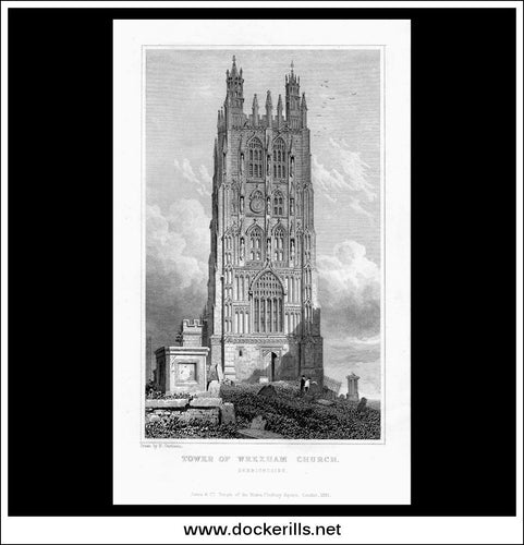 Antique Print Tower Of Wrexham Church, Denbighshire, Wales. Steel Engraving c. 1830.