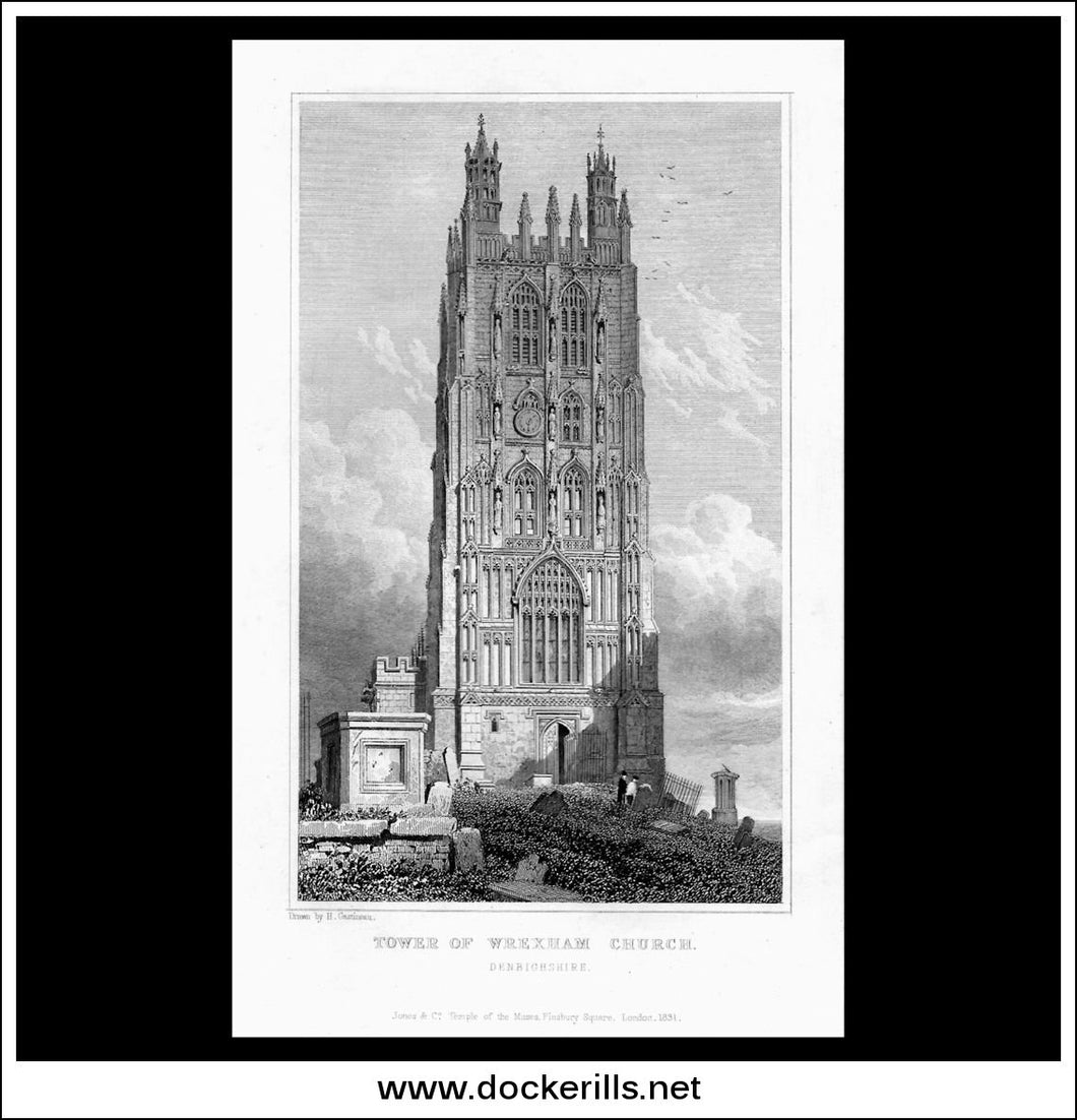 Antique Print Tower Of Wrexham Church, Denbighshire, Wales. Steel Engraving c. 1830.