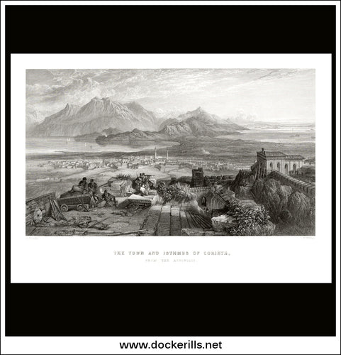 Town And Isthmus Of Corinth, Greece. Antique Print, Steel Engraving c. 1850.