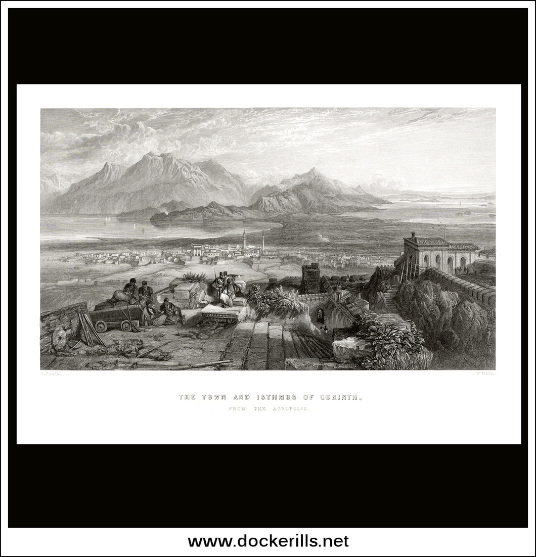 Town And Isthmus Of Corinth, Greece. Antique Print, Steel Engraving c. 1850.