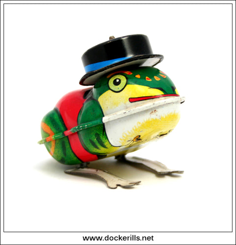 Jumping Frog In Top Hat. Vintage Tin Plate Clockwork / Wind-Up Novelty Toy, Yoneya / Yone, Japan 1.
