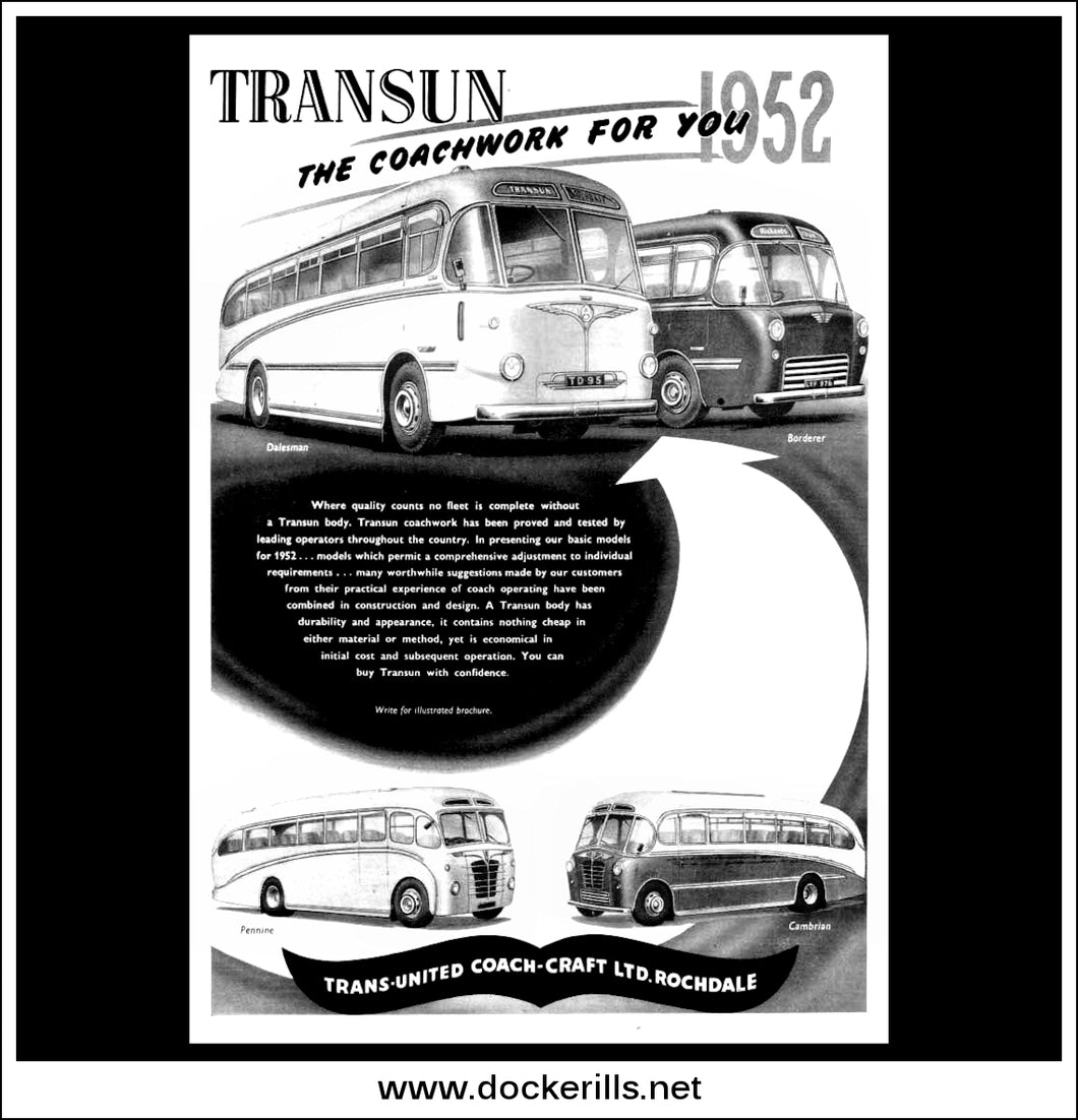 Transun Coach. Original Vintage Advert From January, 1952. Dalesman, Borderer, Penine, Cambrian