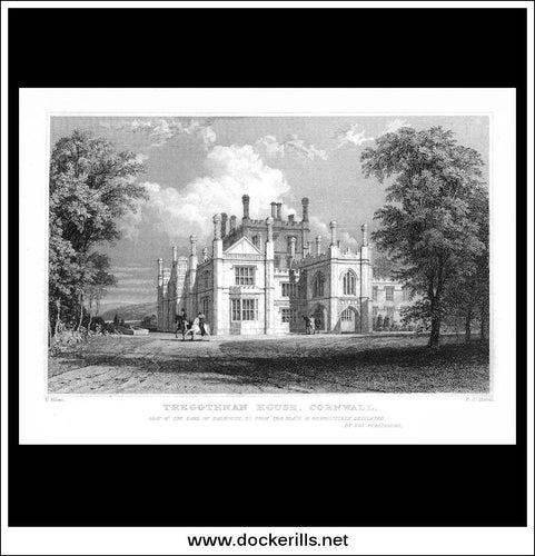 Tregothnan House, Cornwall, England. Antique Print, Steel Engraving c. 1830.