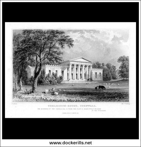 Treissick House, Cornwall, England. Antique Print, Steel Engraving c. 1830.
