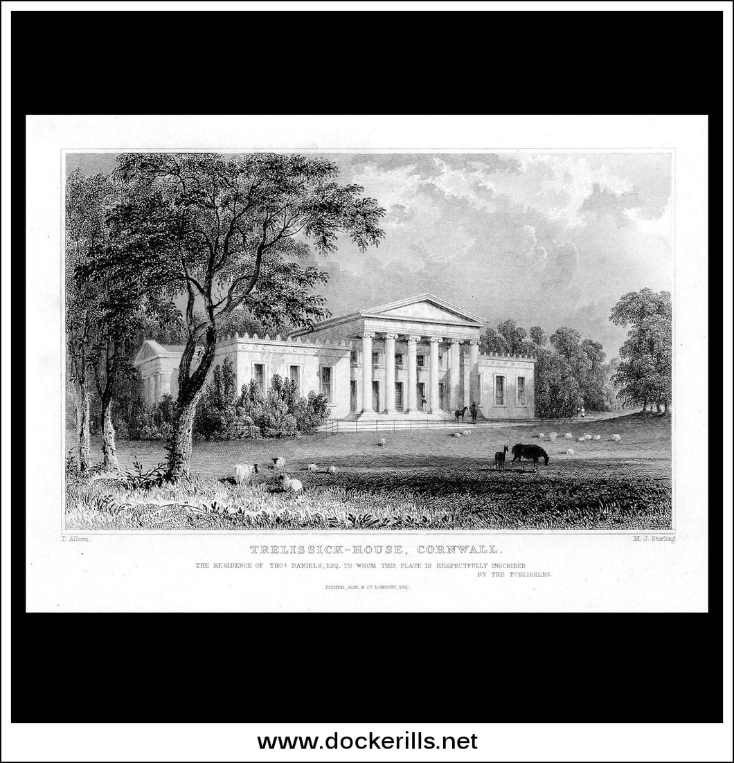 Treissick House, Cornwall, England. Antique Print, Steel Engraving c. 1830.