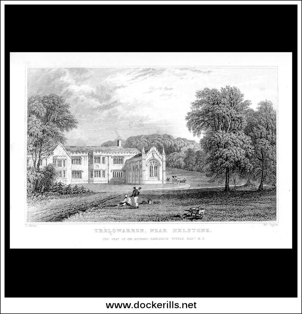 Trelowarren, Near Helstone, Cornwall, England. Antique Print, Steel Engraving c. 1830.