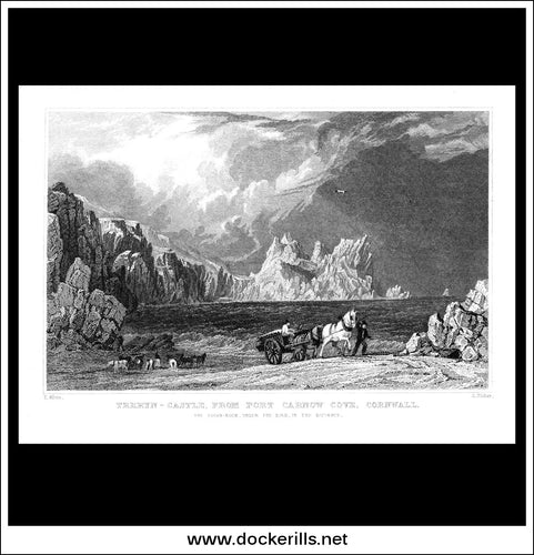Antique Print Treryn - Castle, From Port Carnow Cove, Cornwall, England. Steel Engraving c. 1830.
