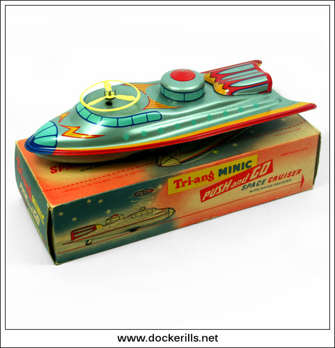 Minic Space Cruiser With Flying Saucers, Vintage Tin Plate Friction Drive Space Toy, Tri-ang, Great Britain 1.