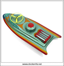 Minic Space Cruiser With Flying Saucers, Vintage Tin Plate Friction Drive Space Toy, Tri-ang, Great Britain 2.