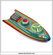 Minic Space Cruiser With Flying Saucers, Vintage Tin Plate Friction Drive Space Toy, Tri-ang, Great Britain 3.