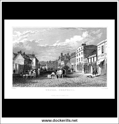 Truro, Cornwall, England. Antique Print, Steel Engraving c. 1830.