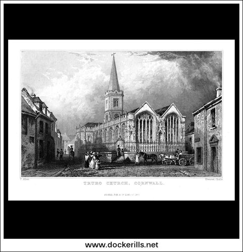 Antique Print Truro Church, Cornwall, England. Steel Engraving c. 1830.