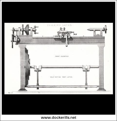 Turning Lathe. Antique Print, Lithograph c. 1880.