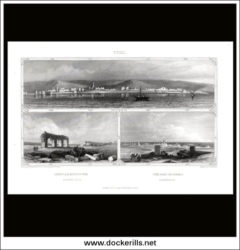 Three Views Of Tyre, Lebanon. Antique Print, Steel Engraving c. 1840.