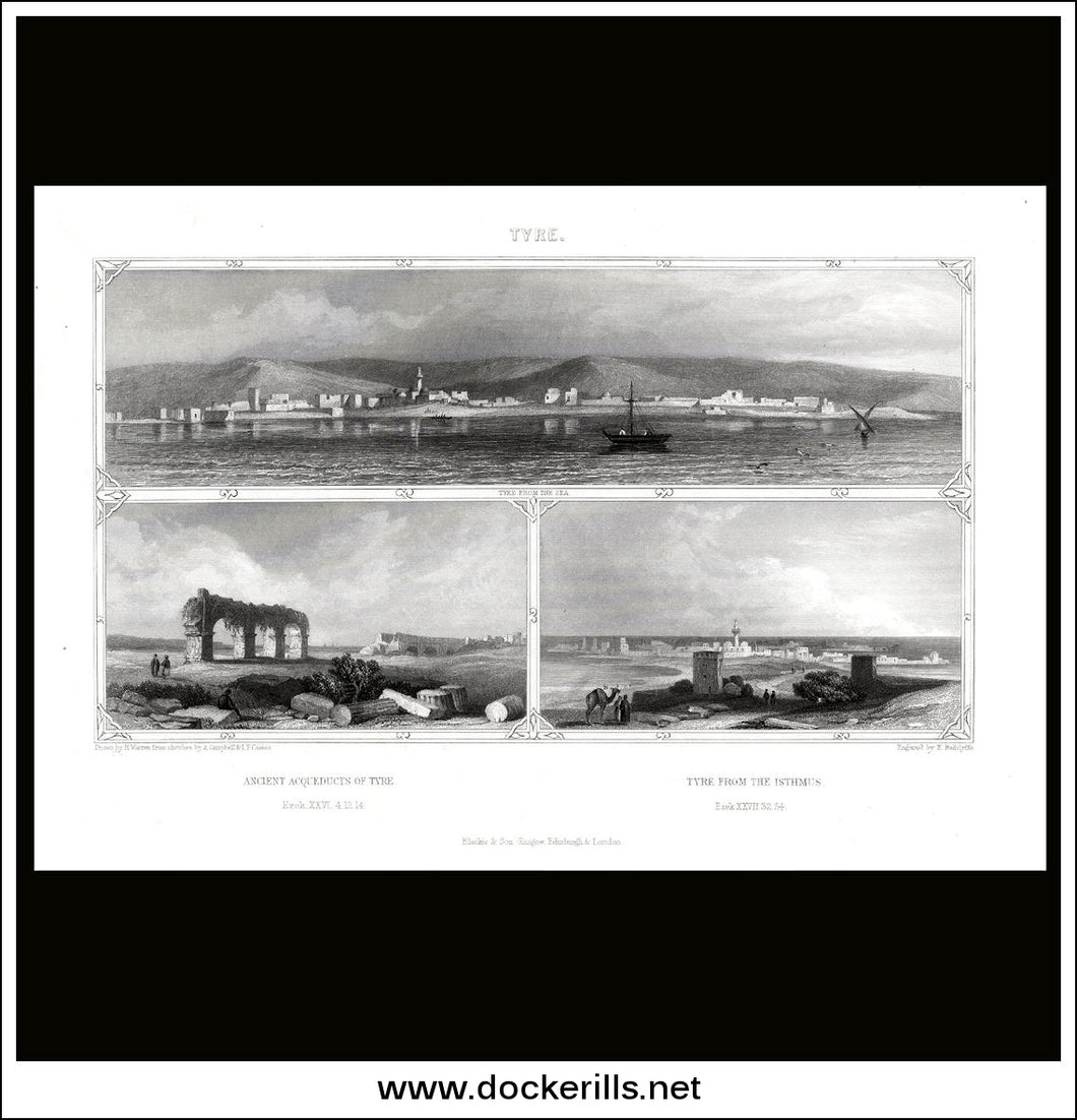 Three Views Of Tyre, Lebanon. Antique Print, Steel Engraving c. 1840.