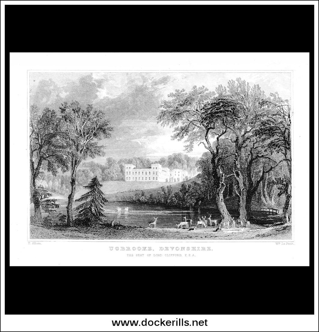 Ugbrooke, Devonshire, England. Antique Print, Steel Engraving c. 1830.