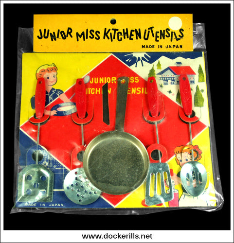 Junior Miss Utensil Set, Vintage Tin Plate Toy Utensil Set, Japan.