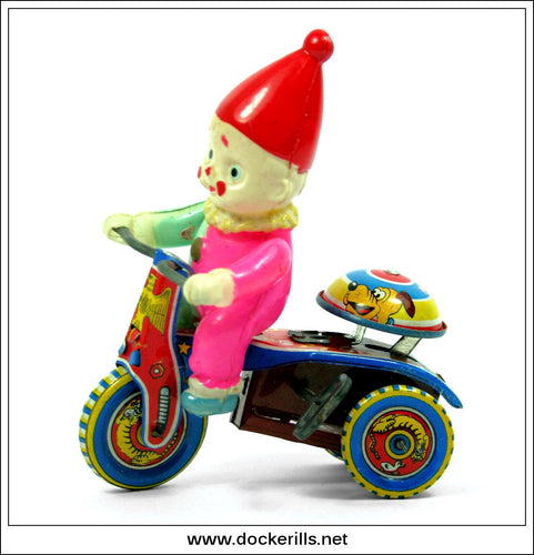 Pierrot On Bike, Vintage Tin Plate Clockwork / Wind-Up Novelty Toy, Japan 1.
