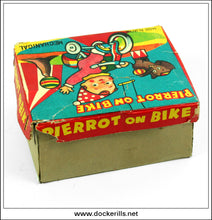 Pierrot On Bike, Vintage Tin Plate Clockwork / Wind-Up Novelty Toy, Japan. Box 2.
