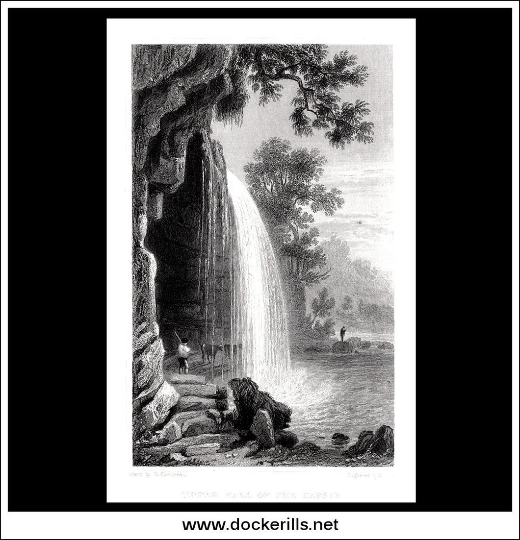 Upper Fall Of The Hepste, Breconshire, Wales. Antique Print, Steel Engraving 1831.