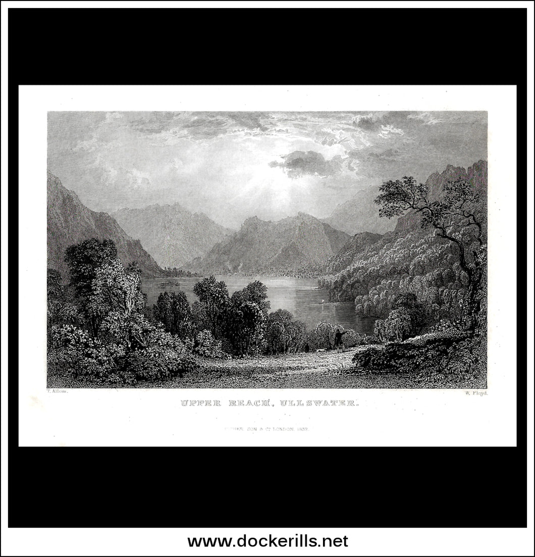 Upper Reach, Ullswater, Cumberland, England. Antique Print, Steel Engraving 1832.