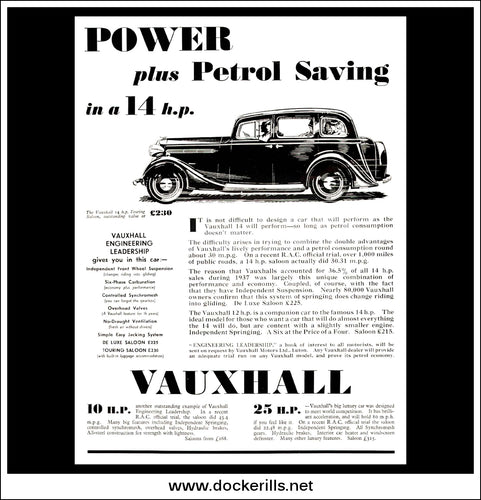 Vauxhall 14 h.p. Touring Saloon. Original Vintage Advert From March 23rd 1938.