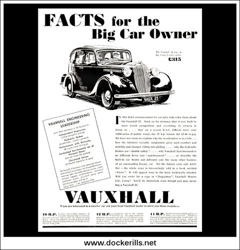 Vauxhall 25 h.p. Saloon. Original Vintage Advert From March 30th, 1938.
