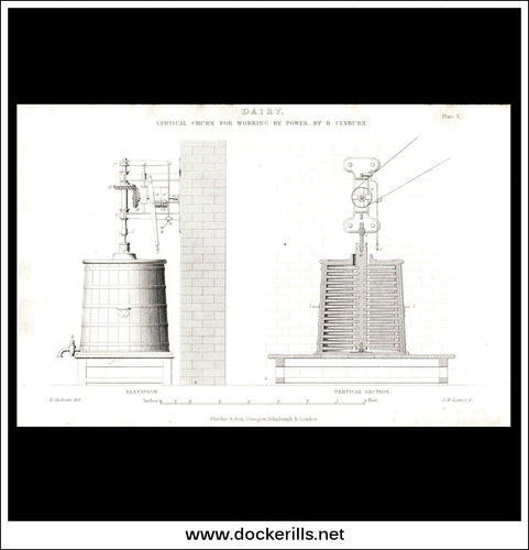 Vertical Dairy Churn. Antique Print, Lithograph c. 1880.