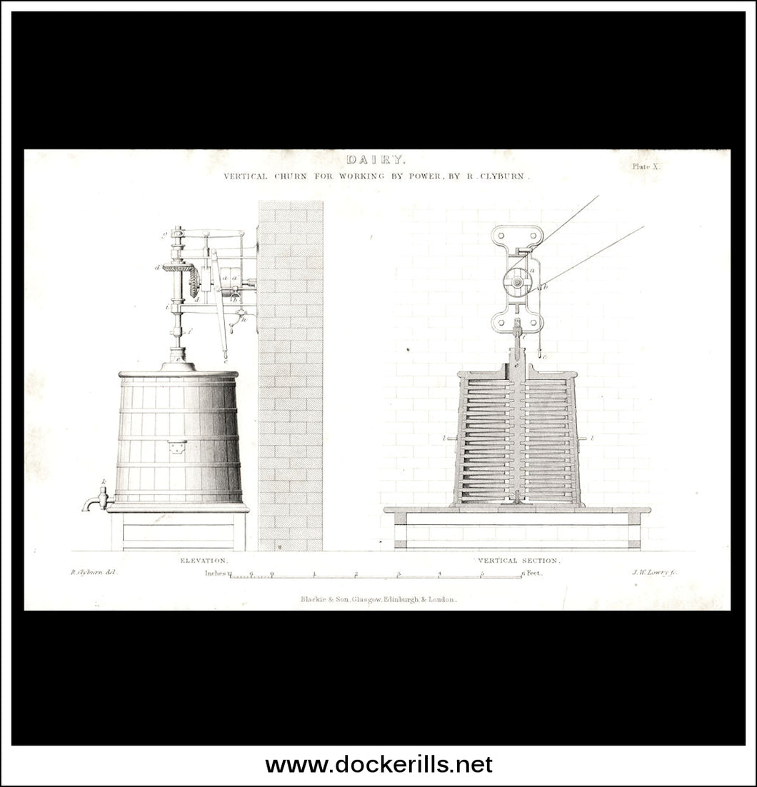 Vertical Dairy Churn. Antique Print, Lithograph c. 1880.