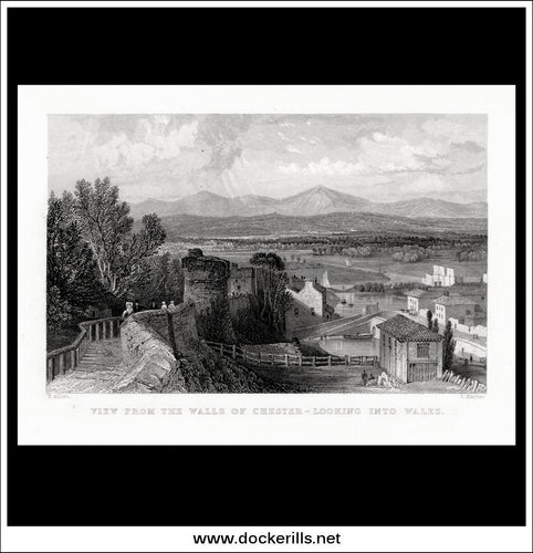 View From The Walls Of Chester - Looking Into Wales, England. Antique Print, Steel Engraving, c. 1830.