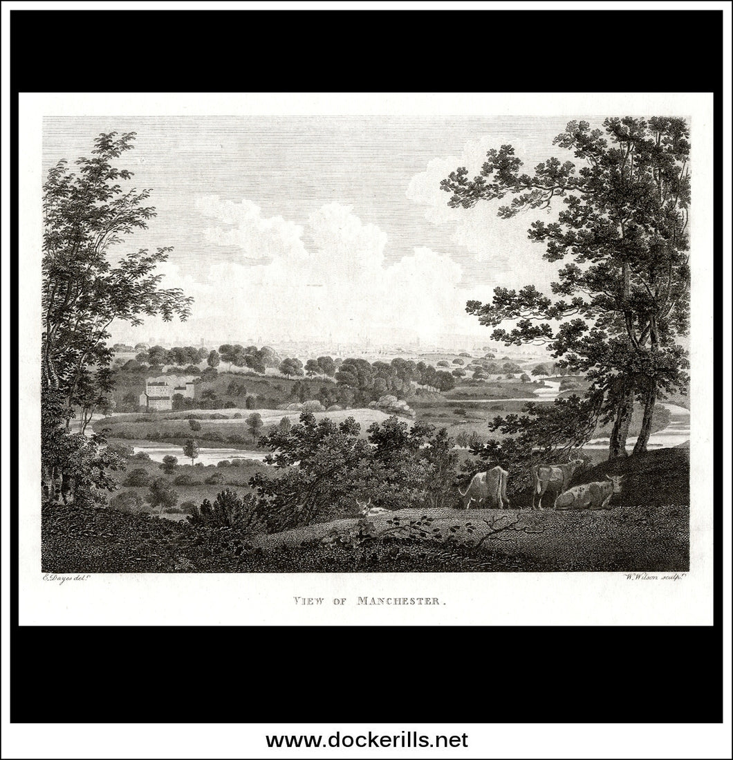 View Of Manchester, Lancashire, England. Antique Print, Copper Plate Engraving 1793.