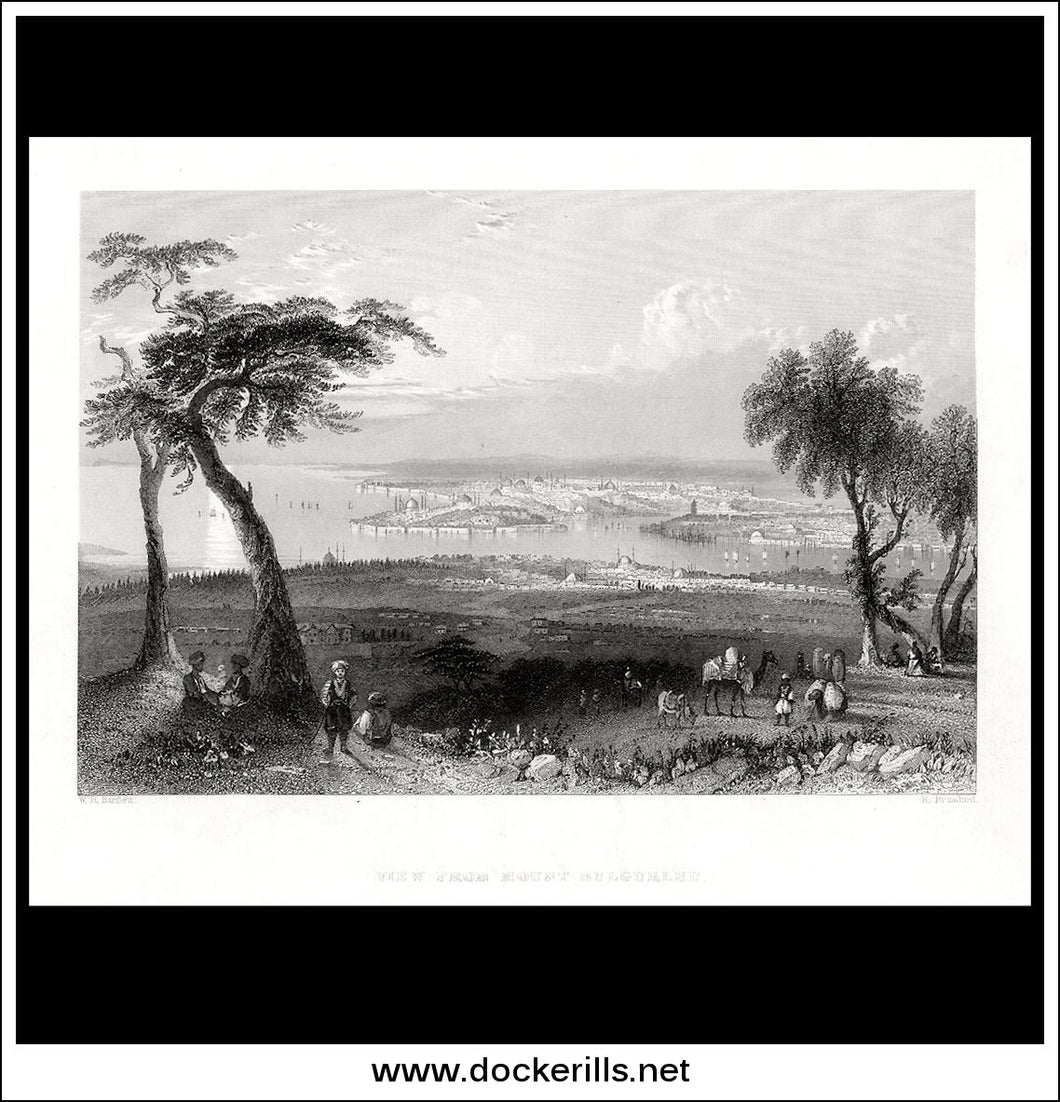 View From Mount Bulgurlhu, Istanbul, Turkey. Antique Print, Steel Engraving 1838.