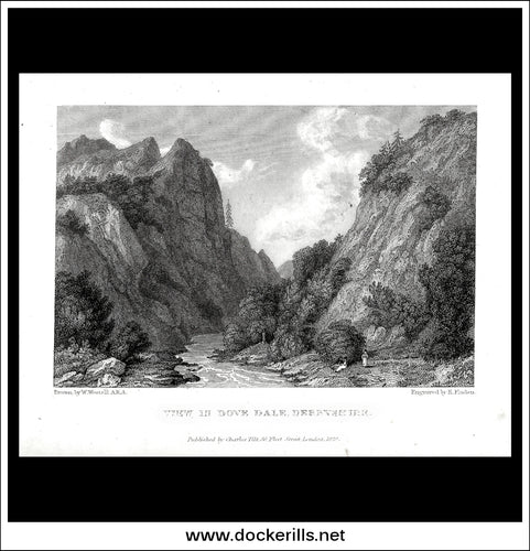 View In Dove Dale, Derbyshire, England. Antique Print, Steel Engraving 1829.