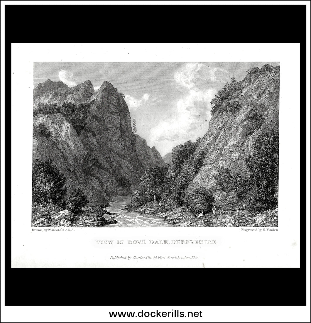 View In Dove Dale, Derbyshire, England. Antique Print, Steel Engraving 1829.
