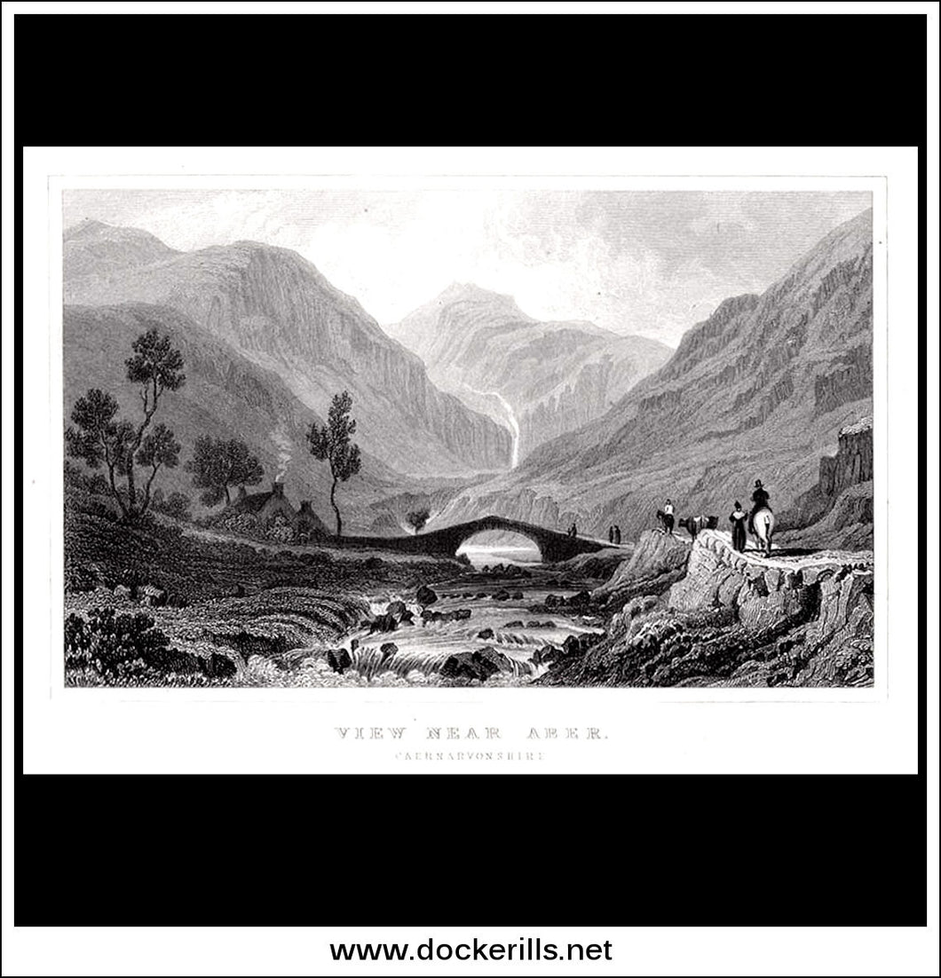 View Near Aber, Caernarvonshire, Wales. Antique Print, Steel Engraving c. 1830.