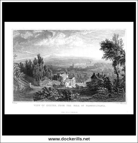 View Of Exeter From The Hill Of Pennsylvania, Devonshire, England. Antique Print, Steel Engraving 1831.