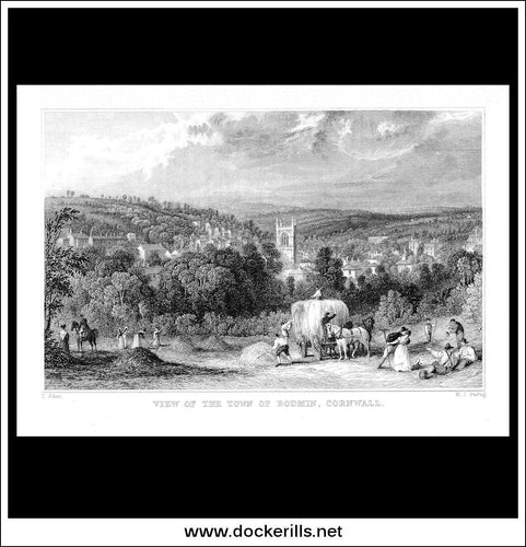 Antique Print View Of The Town Of Bodmin, Cornwall, England. Steel Engraving c. 1830.