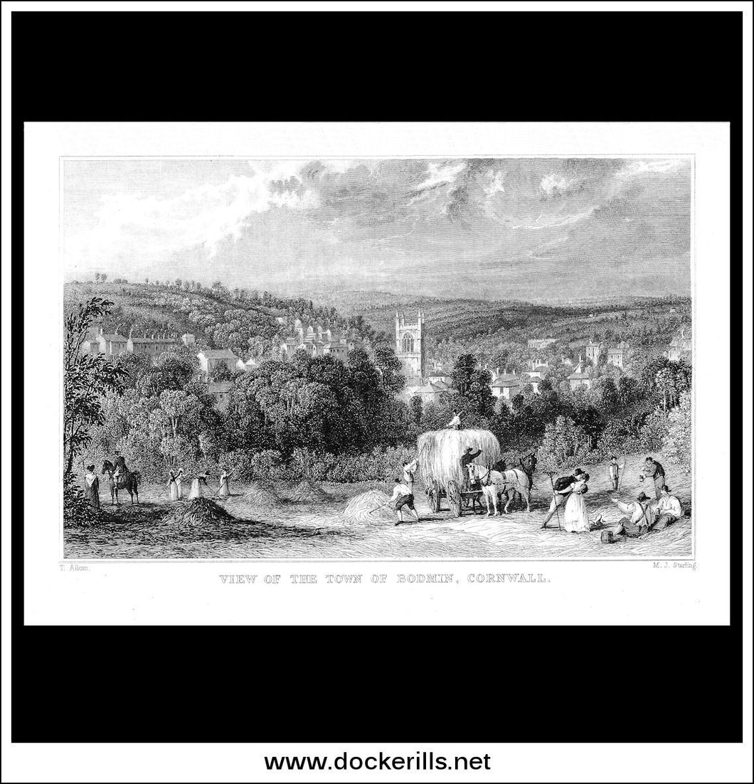 Antique Print View Of The Town Of Bodmin, Cornwall, England. Steel Engraving c. 1830.