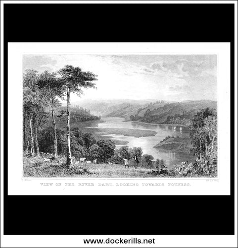 View On The River Dart, Looking Towards Totness, Devonshire, England. Antique Print, Steel Engraving c. 1830.