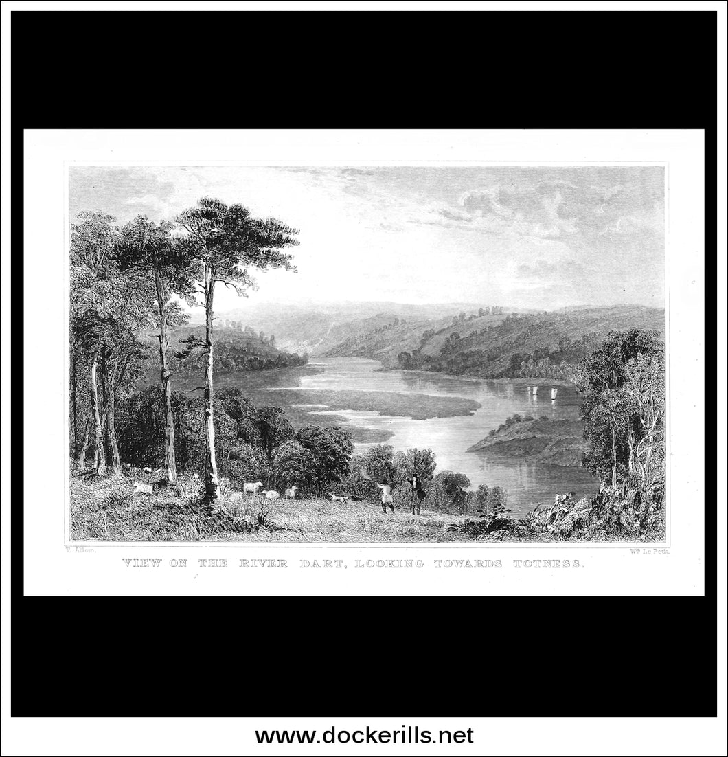View On The River Dart, Looking Towards Totness, Devonshire, England. Antique Print, Steel Engraving c. 1830.