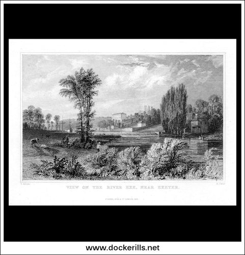 View On The River Exe, Near Exeter, Devonshire, England. Antique Print, Steel Engraving 1831.